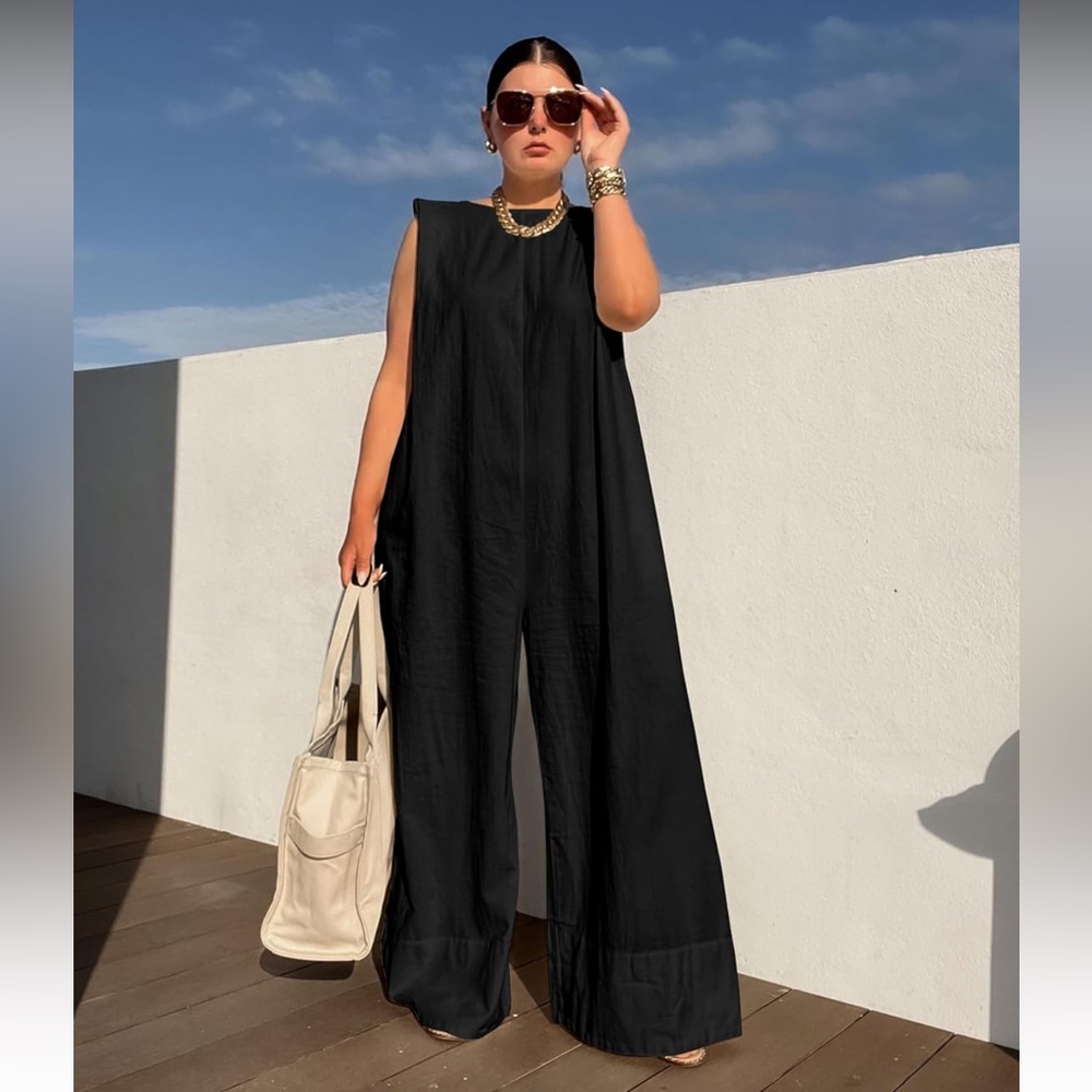 Black and White Checkered Sleeveless Wide-leg Jumpsuit - Picture 4 of 4